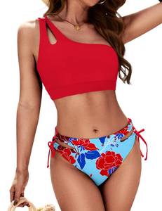 lot 3668 image: Zilcremo Women Cutout One Shoulder Bikini Set Mid Rise Bikini Swimsuit Two Piece Bathing Suit Redfloral S - Retail $26