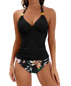 lot 3669 image: B2prity Halter Tankini Swimsuit for Women Tummy Control Two Piece Bathing Suit V Neck Swimwear with Shorts, Large&nbsp