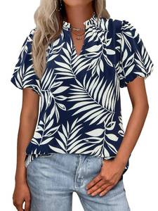lot 3677 image: MASCOMODA Boho Short Sleeve Floral Work Blouses for Women Dressy Casual V Neck Puff Sleeve Loose Chiffon Flowy Tops Shirts(Floral Navy,Large) - Retail $20