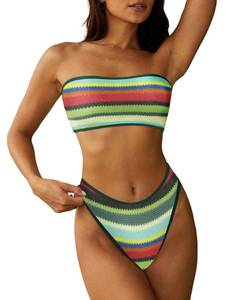 lot 3686 image: ZAFUL Women Strapless Wave Bandeau Bikini 2 Piece Swimwear Cheeky Solid Lace up Bathing Suits 0-Green,M - Retail $36