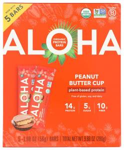 lot 3695 image: ALOHA Organic Plant Based Protein Bars, Peanut Butter Cup , 1.98-Ounce Bars, (Pack of 5) (BB OCT.29.26) - Retail $17