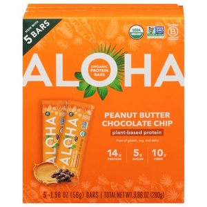 lot 3698 image: ALOHA Organic Plant Based Protein Bars, Peanut Butter Chocolate Chip, 1.98-Ounce Bars, (Pack of 5)