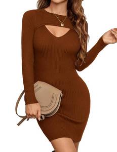 lot 3745 image: Blooming Jelly Womens Long Sleeve Sweater Dress Sexy Cut Out Bodycon Mini Casual Fall Dress 2025 Trendy Ribbed Ladies Winter Pullover Sweater (Small, Brown) - Retail $36