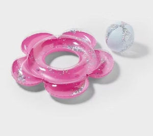 lot 3753 image: Pink Flower-Shaped Float with Glitter and Beach Ball&nbsp