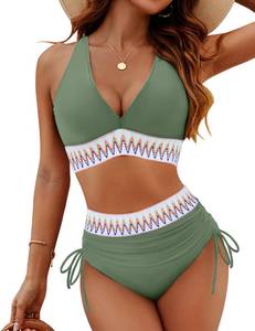 lot 3782 image: Blooming Jelly Women High Waisted Bikini Tummy Control Color Block Swimsuits Two Piece Bathing Suit (L, Army Green) - Retail $38