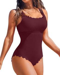 lot 3784 image: Charmo Scalloped Ribbed 1 Piece Bathing Suits Womens Square Neck Modest Retro One Piece Swimsuit Burgundy L - Retail $34