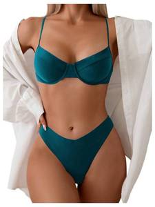 lot 3796 image: SweatyRocks Womens 2 Piece Bikini Set Spaghetti Strap High Cut Push Up Underwire Swimsuit Blue Medium - Retail $30