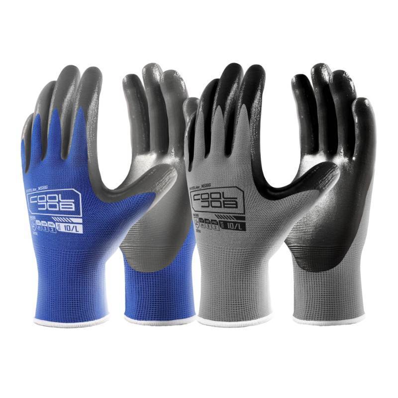 lot 45494 image: COOLJOB 18 Pairs Nitrile Dipped Safety Work Gloves with Grip, Non-slip Rubber Coated Bulk Garden Gloves for Men, Heavy-duty Oil Resistant for Truck Driver, Warehouse Box Handler, Large, Gray Blue - Retail $30