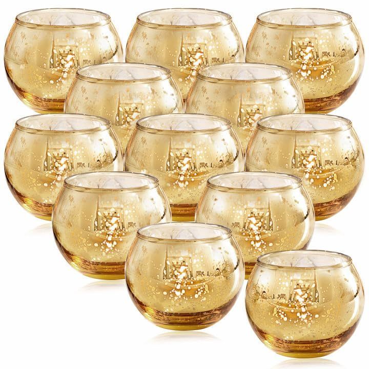 lot 45503 image: LAMORGIFT 11 Pcs Gold Votive Candle Holders- Gold centerpieces for Tables, Mercury Glass Votives for Wedding, Rehearsal Dinner, Engagement, Birthday Party Decorations missing one - Retail $23