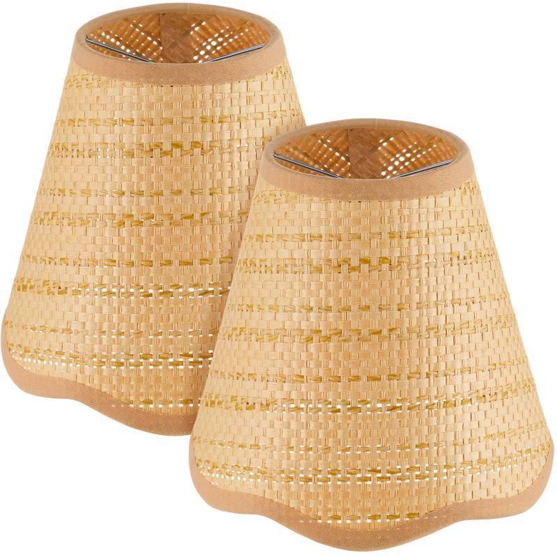 lot 45529 image: Glooglitter Small Clip-on Chandelier Rattan Lamps Set Shade Scalloped Lampshade 3top x 6bottom x 5-14slant Height Empire Lamp Shade Chandelier or Accent Lamp(Woven,Boho,2 Pcs) - Retail $26