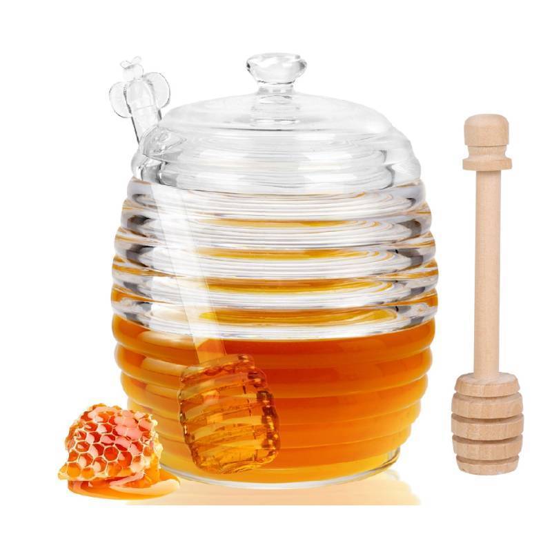lot 45534 image: Loscarol Honey Jar with Dipper and Lid, 8 oz Glass Honey Pot Dispenser with 2 Dippers Sticks Set, Honey Containers for Kitchen, Home, Syrup Storage - Retail $10