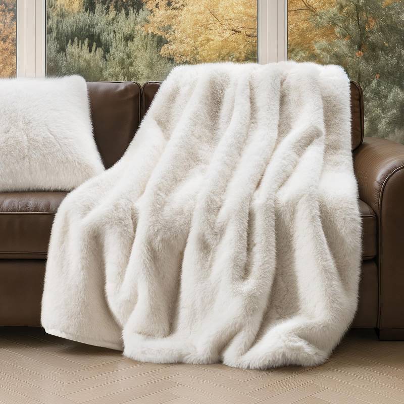 lot 45550 image: EVERGRACEHOME Luxury Faux Fur Throw Blanket, Soft Fluffy Faux Mink Blankets for Bed, Couch, Sofa, Thick Cozy Plush Warm Fur Throws with Reversible Velvet, Ivory Mink, 50x60 - Retail $60