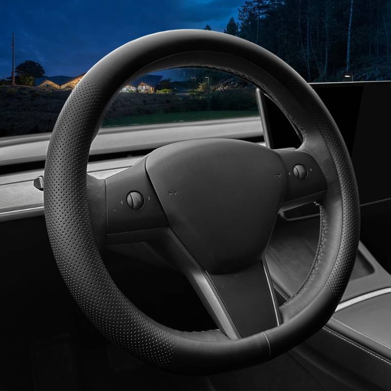 lot 50181 image: LKWLIKEI Nappa Leather Ultra-Thin Steering Wheel Cover, for Tesla Model 3Y Steering Wheel Cover, Non-Slip Design and Interior Modification of car Accessories (Black) - Retail $20