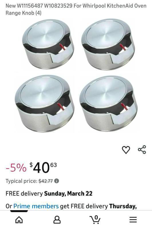 lot 50193 image: Whirlpool KitchenAid Oven Control Knobs W11156487 - Retail $40