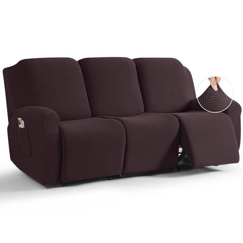 lot 50346 image: TAOCOCO Recliner Couch Covers for 3 Seat, 8-Pieces Stretch Large Couch Covers for 3 Seats Reclining Slipcovers Soft Jacquard Pattern Furniture Protector, Chocolate - Retail $60