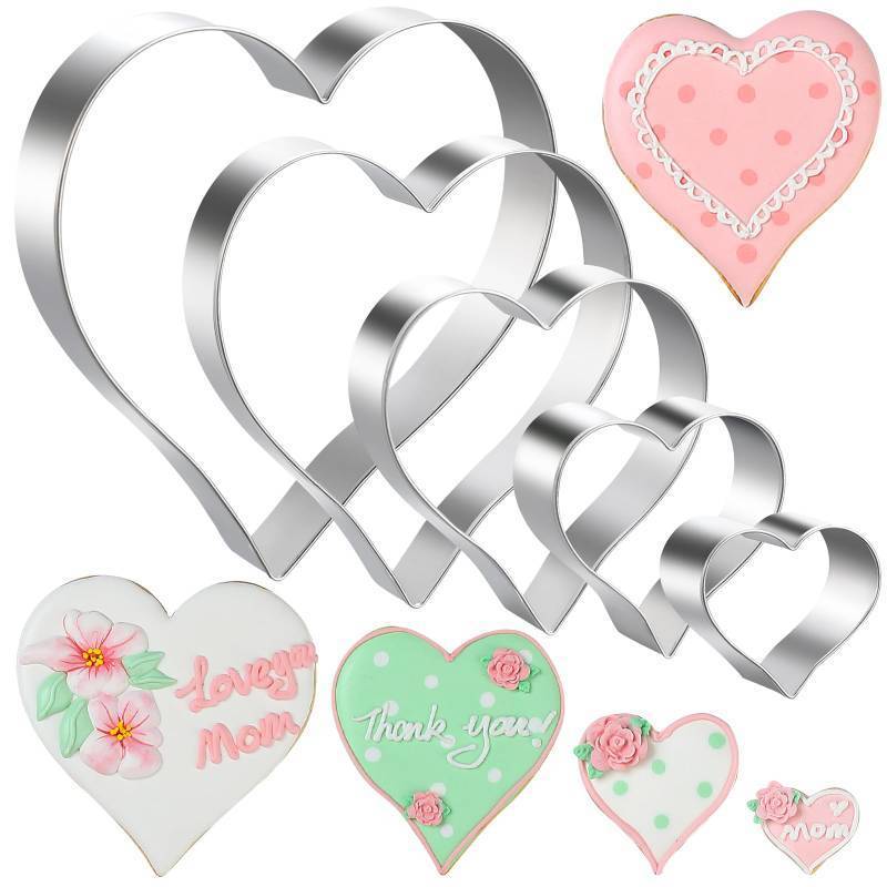 lot 58963 image: 5-Piece Stainless Steel Heart Cookie Cutters Set - Valentines Day, Birthday, Wedding Baking Tools (1.38 to 4.57) - Dishwasher Safe Fondant & Biscuit Molds - Retail $7