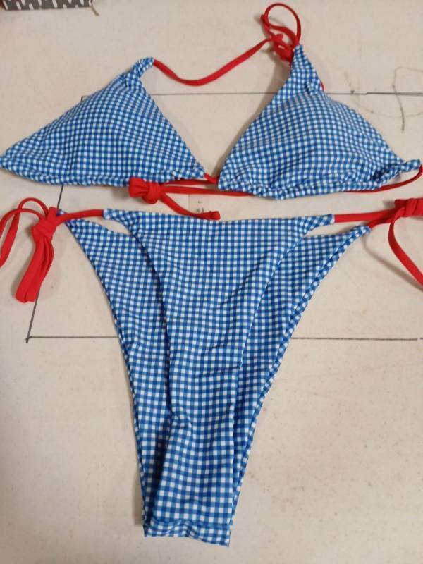 lot 58990 image: Blue Gingham Triangle Bikini Set with Red Trim Large- Retail $15