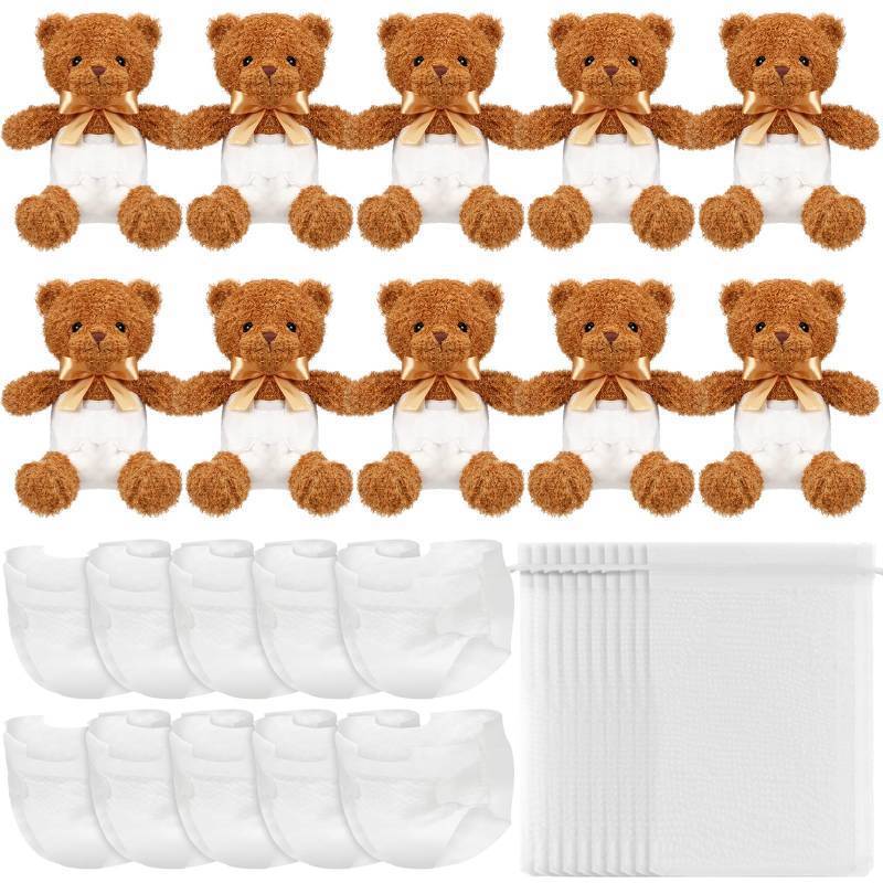 lot 58603 image: 10 Sets Bear Blindfolded Diaper Changing Coed Baby Shower Games Kit Baby Dolls Bears Diapers for Bridal Shower Gender Reveal Games Prizes Gifts for Adults Boys Girls (Dark Brown) - Retail $43