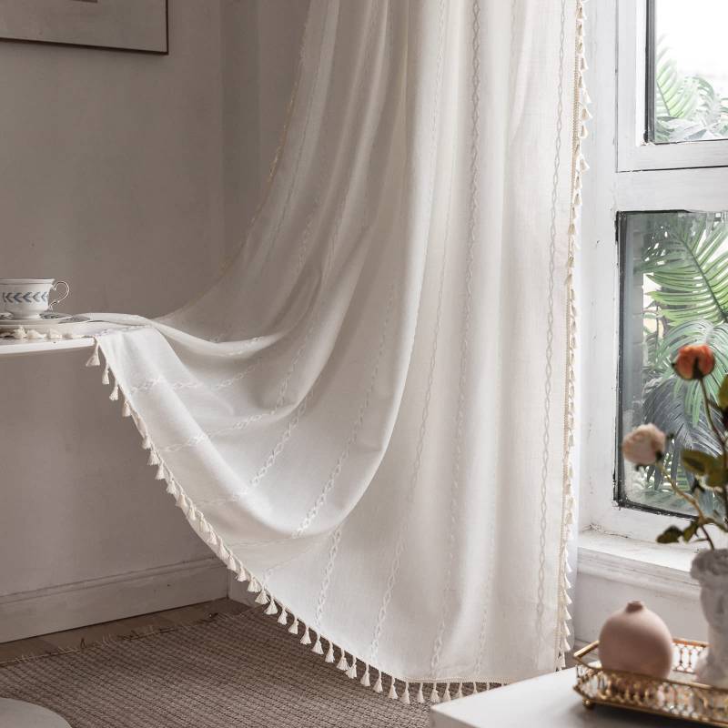lot 58605 image: RoomTalks White Modern Farmhouse Textured Curtains for Bedroom Living Room 63L x 52W Light Filtering French Country Boho Chic Tassel Window Curtain Panels Striped Bohemian Draperies - Retail $36