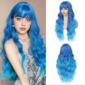lot 45896 image: Long Blue Wavy Wig With Bangs for Women 26 Inch Curly Wavy Wig With Bangs Natural Looking Synthetic Heat Resistant Fiber Wig for Daily Party Use - Retail $24
