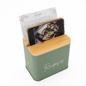 lot 45907 image: Sage Green Recipe Organizer with Wooden Lid - Set Includes 12 Dividers & 30 Blank 4 x 6 Recipe Cards