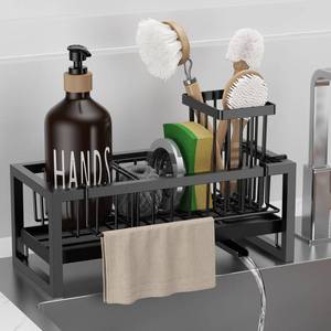 lot 45910 image: Bntuk Kitchen Sink Caddy Organzier with Towel and Brush Holder, Self-Draining Sponge Holder Caddy for Soap, Scrubber, Towel, Brush, Apartment RV Essential(Black) - Retail $17