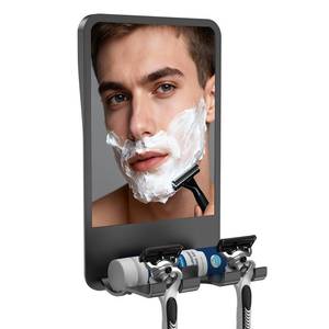 lot 45922 image: Infitrans Shower Mirror for Shaving Fogless with Multifunctional Storage for Razor and Shaving Foam Canister, Adhesive or Screw Optional Installation,Adjustable Angle, Black - Retail $21
