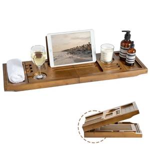 lot 45935 image: Realgulf Bamboo Bathtub Tray Caddy - Splash-Proof Adjustable (28.5-40) with Wine Holder, Tablet Stand & Non-Slip Grip  Spa-Grade Organizer for Bath Essentials & Reading- Walnut - Retail $40