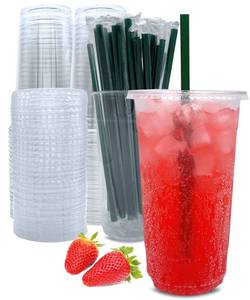lot 45941 image: Clear Plastic Cups with Lids and Straws, Disposable Coffee Cups 25 Sets 32 oz - Retail $20