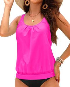lot 45945 image: Yonique Womens Blouson Tankini Top No Bottom Loose Fit Swim Top Modest Tank Top Pink M - Retail $31