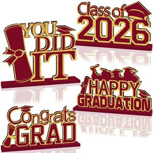 lot 58284 image: 4pcs Maroon and Gold 2026 Graduation Decorations Wood Centerpieces for Tables,Class of 2026 Congrats Grad Happy Graduation Party Table Decorations for Home Office - Retail $12