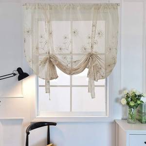 lot 58291 image: JAIJY Rod Pocket Liftable Roman Window Curtains Flower Embroidery Tie Up Sheer Shade Voile Shade Drape for Small Window Bathroom Decor, 1 Panel, 31x 47 Inches Length - Retail $16
