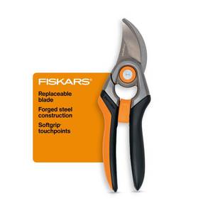 lot 58342 image: Fiskars Bypass Pruning Shears, 1-Inch Cut Capacity Softgrip Pruner, Forged Steel Replaceable Blade Stays Sharp Through Heavy Use with Rust Resistant, Low-Friction Coating - Retail $22