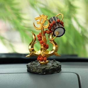 lot 58358 image: 4OUR FAITH Gold Plated Trishul with Damru & Om Symbol (4 Inch) Antique Resin Shiva Trident Showpiece for Puja, Real Rudraksh Mala, Shiva Idol for Car Dashboard & Home Decor Pack of 1 - Retail $20
