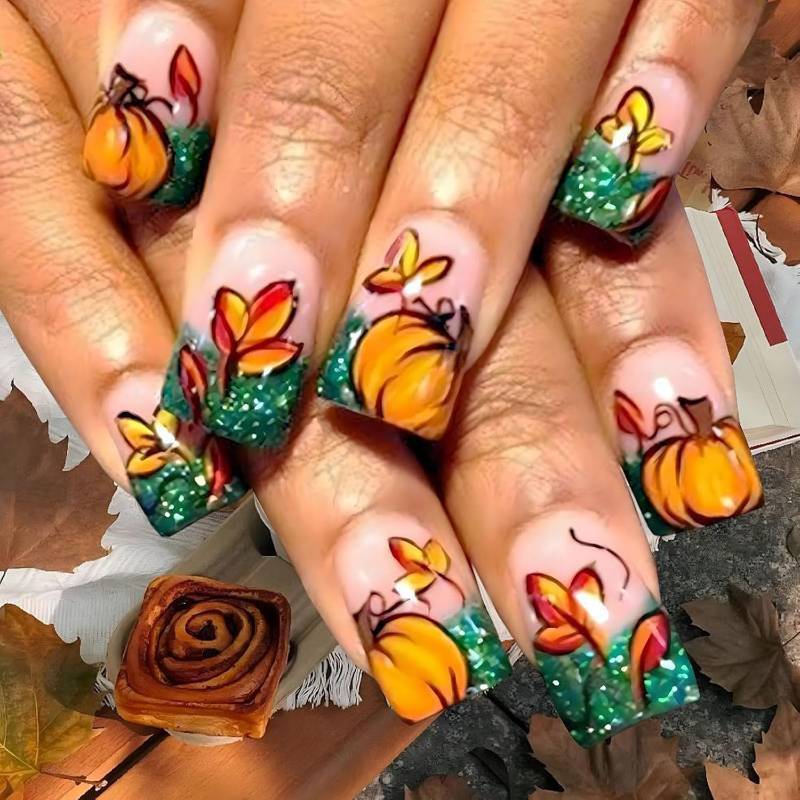 lot 64735 image: Thanksgiving Press on Nails Short Square Fake Nails with Glitter French Tip Pumpkin Maple Leaves Designs Fall Nails Press ons for Women 24 Pcs