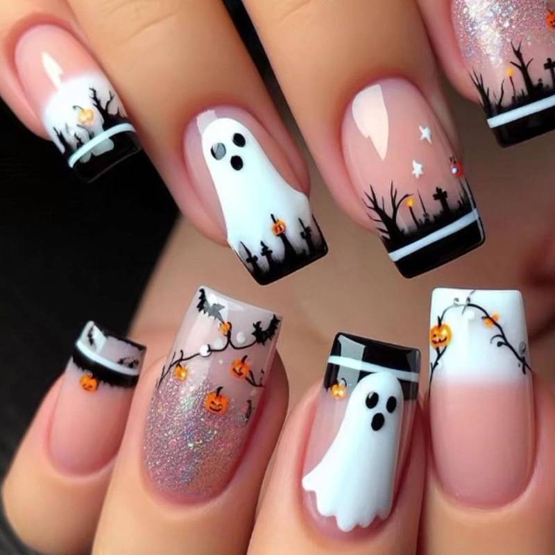 lot 64737 image: Halloween Press on Nails Medium Square Fake Nails with Ghost Pumpkin Designs Black French Tip Nails Press ons Pink Stick on Nails for Women 24Pcs