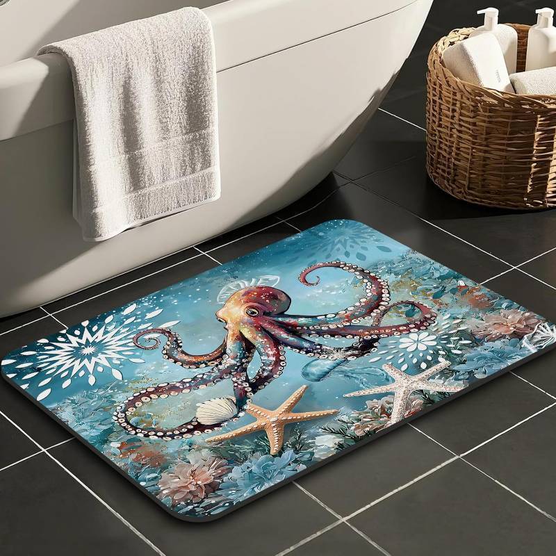 lot 64975 image: Octopus Nautical Starfish Bathroom Rugs Mat Non Slip Super Absorbent Stain Resistant Quick Dry Thin Beach Bathroom Rug-Bath Mats for Bathroom Floor Bathtub,30x20