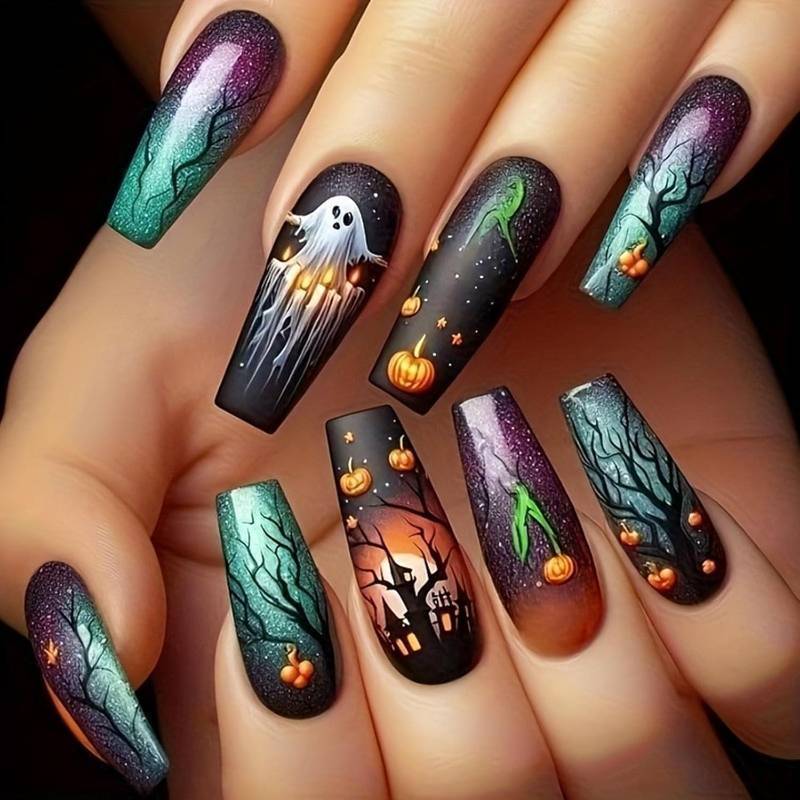 lot 64741 image: Halloween Press on Nails Medium Coffin Fake Nails with Pumpkin Ghost Designs Glossy Nails Press ons Acrylic Glue on Nails for Women 24Pcs