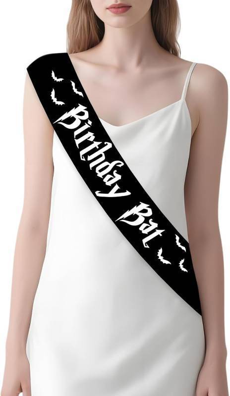 lot 64952 image: Jollyboom Halloween Birthday Sash, Halloween White and Black Ghost Theme Birthday Bat Pre-sewn Sash 63 x 3.7 inches for Happy Boo Day Ghost Ghoul Party