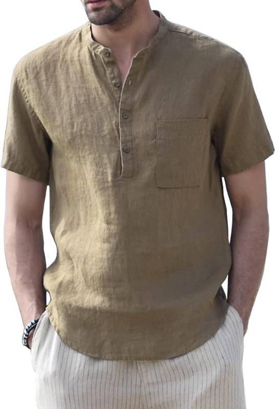 lot 64602 image: Muscle Cmdr Mens Casual Cotton Henley Shirts Lightweight Yoga Short Sleeve Shirt Hawaiian Beach Soft Tee