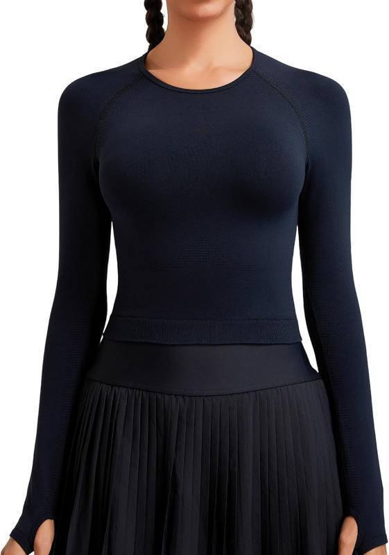 lot 55928 image: NEW RUNNING GIRL Long Sleeve Workout Tops for Women Soft Crew Neck Basic Tight Cropped Top Casual Seamless Shirt