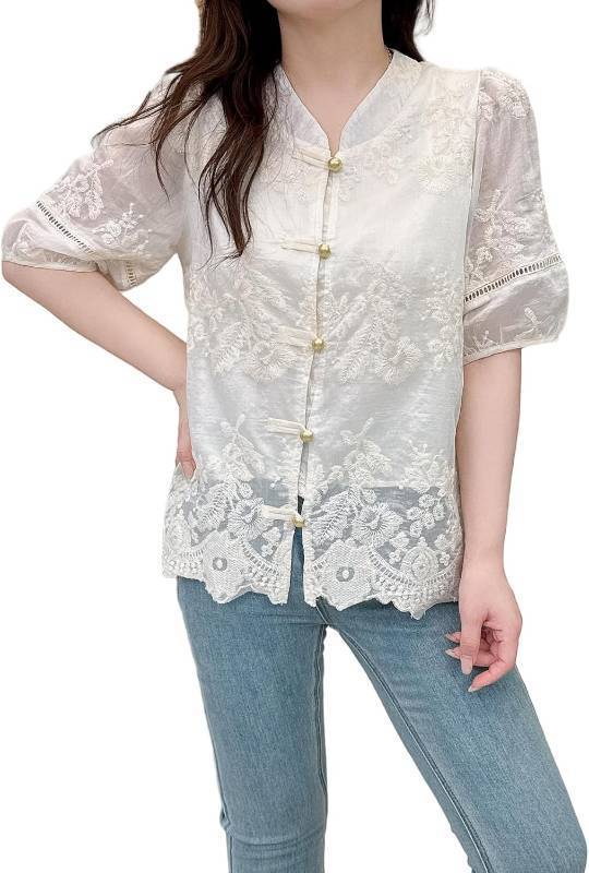 lot 65039 image: Womens Long Sleeve Sheer Floral Embroidered Through Button Down Blouse Lightweight Boho Crew Neck Shirts