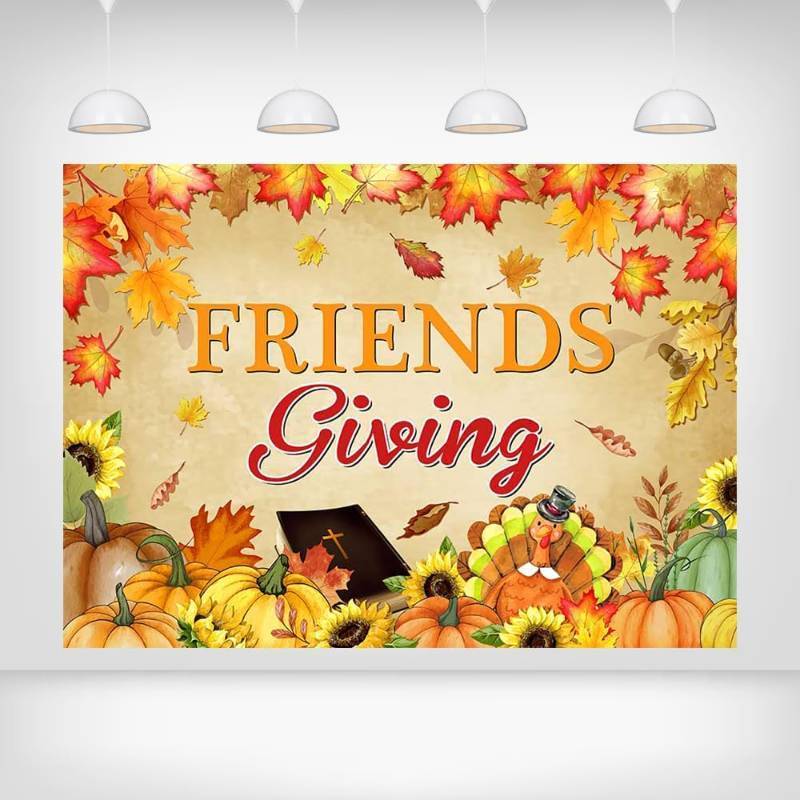 lot 65079 image: Friendsgiving Backdrop - 7x5ft Autumn Harvest Theme with Pumpkins and Leaves Thanksgiving Friends Gathering Banner Fall Celebration Decor Festive Seasonal Decoration