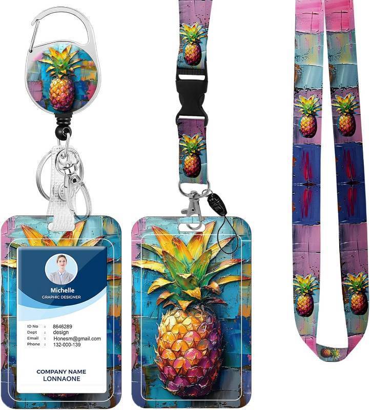 lot 65109 image: Lanyard with Badge Holder,Retractable Badge Reel with Detachable Neck Lanyard Strap and Vertical ID Holder for Nurse Doctor Students Office Staff (Lanyard Colorful Pineapple)