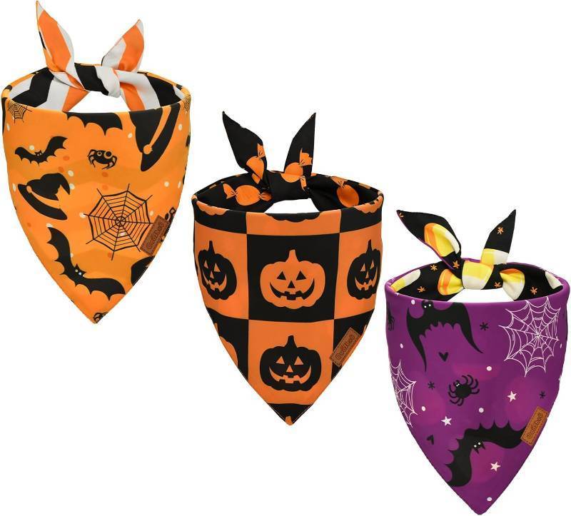 lot 65168 image: Halloween Reversible Dog Triangle Bandanas Bat, Pumpkin, Witch Hat & Candy Pattern Doggie Scarf Halloween Adjustable Dog Bib for Small, Medium, and Large Dogs (3 PCS)