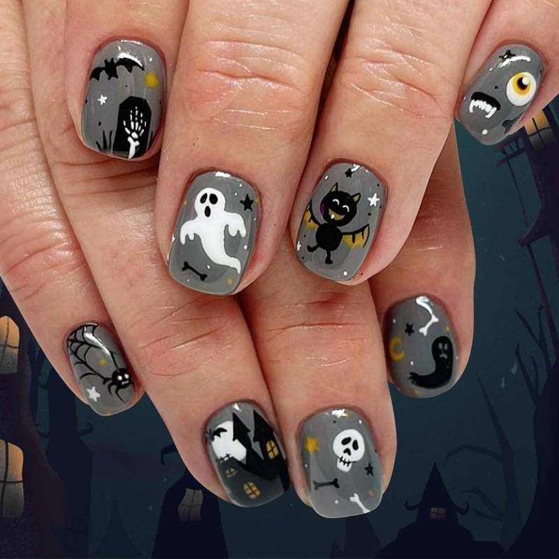 lot 56733 image: Halloween Press on Nails Short 24Pcs Square Ghost Fake Nails Glossy Grey Acrylic Nails with Spider Cobewb Designs Halloween Glue on Nail Skeleton Castle False Nails for Manicure Decor