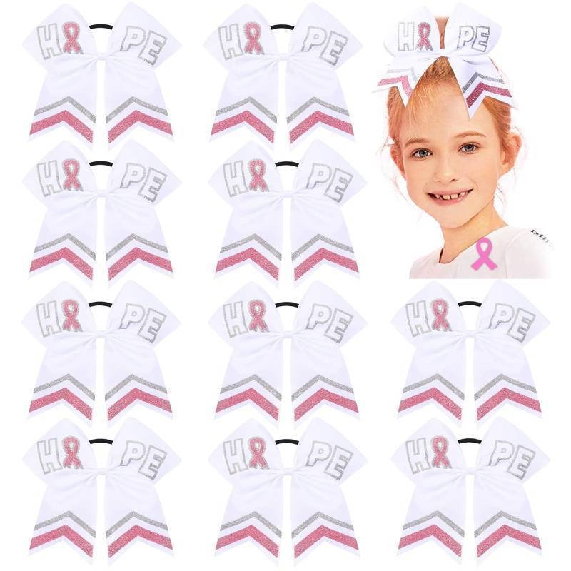 lot 56864 image: 7 Large Breast Cancer Awareness Girls Cheerleader Hair Bow Elastic Ponytail Holder For Girls Women Set Of 10