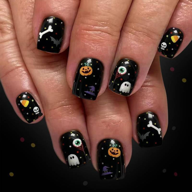 lot 64734 image: Halloween Press on Nails Short Square Fake Nails with Colorful Polka Dot Pumpkin Ghost Skull Designs Halloween Nails Press ons Glossy Glue on Nails for Women 24Pcs