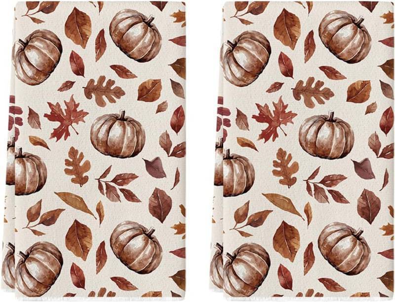 lot 65064 image: Artoid Mode Maple Leaves Pumpkin Fall Kitchen Towels Dish Towels, 18x26 Inch Farmhouse Autumn Decoration Hand Towels Set of 2