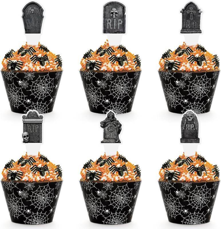 lot 65124 image: Hooqict 48 Pack Halloween Cupcake Toppers and Liners Black Spider Web Tombstone Skeleton Cupcake Picks Decorations for Halloween Birthday Party Decoration Supplies